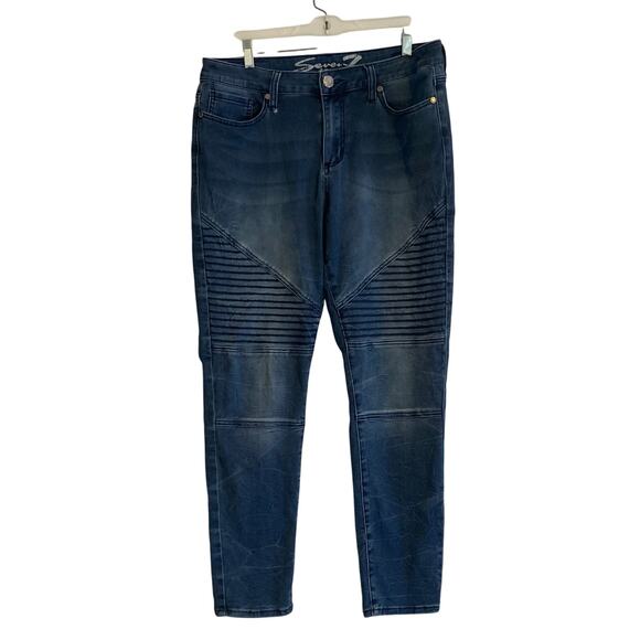Y2K Seven7 Blue Faded Stacked Moto Bikercore Mid Rise Denim Skinny Jeans Size 14 - Picture 1 of 16